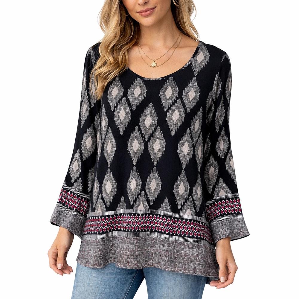 Boho Geometric Tunic Top Bell Sleeve Black Multicolor Women Small